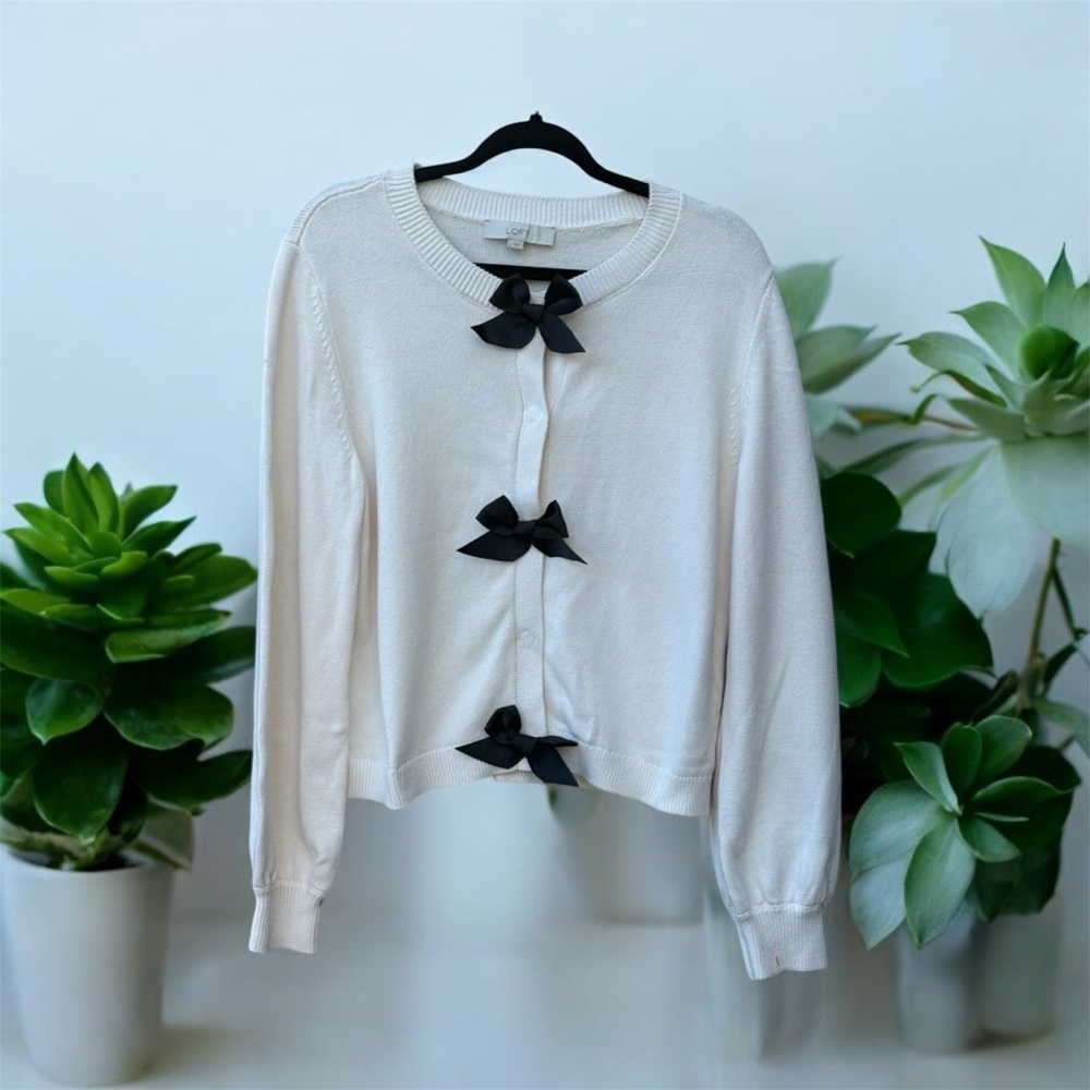 LOFT Cream Cardigan with Black Bow Accents - Picture 2 of 2